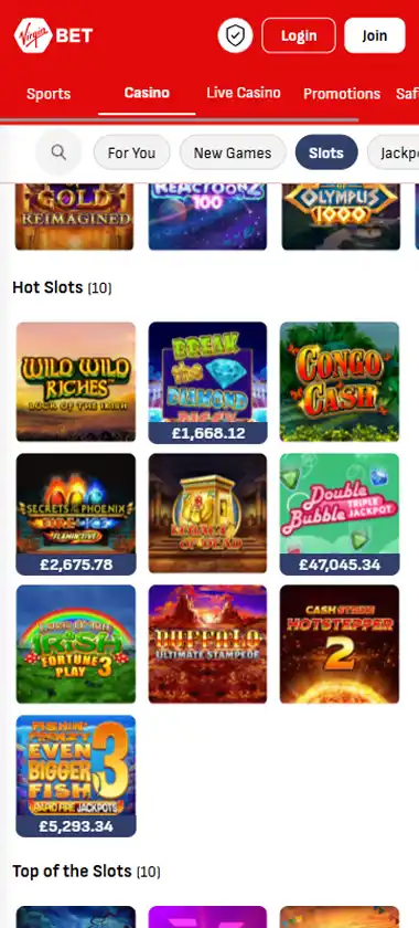 Virgin Bet Casino mobile slots interface screenshot showing slot game selection with popular titles and filtering options - captured during platform testing Virgin Bet Casino mobile slots interface screenshot showing slot game selection with popular titles and filtering options - captured during platform testing